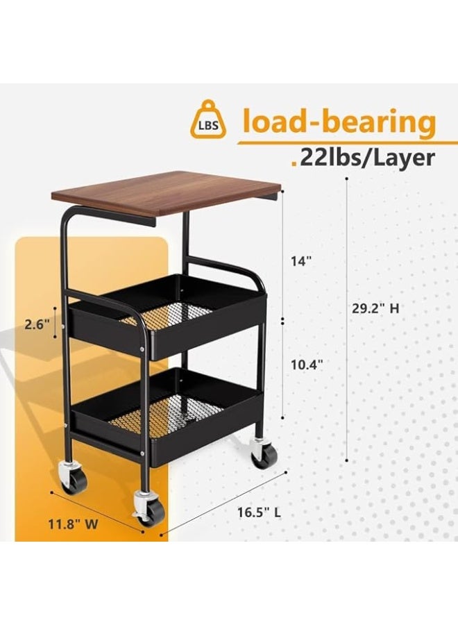 Rolling Cart with Wooden Tabletop, 3 Tier Metal Utility Cart, Rolling Storage Organizer Cart with Lockable Wheels for Kitchen, Office, Bedroom - Black - Image 2